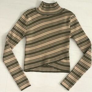 Fashion Nova Ribbed Striped Turtleneck Long Sleeve Top Beige Olive Green Women S
